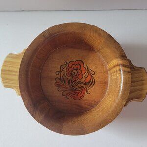 Vintage Soviet Wooden Bowl With Floral Design & Handles